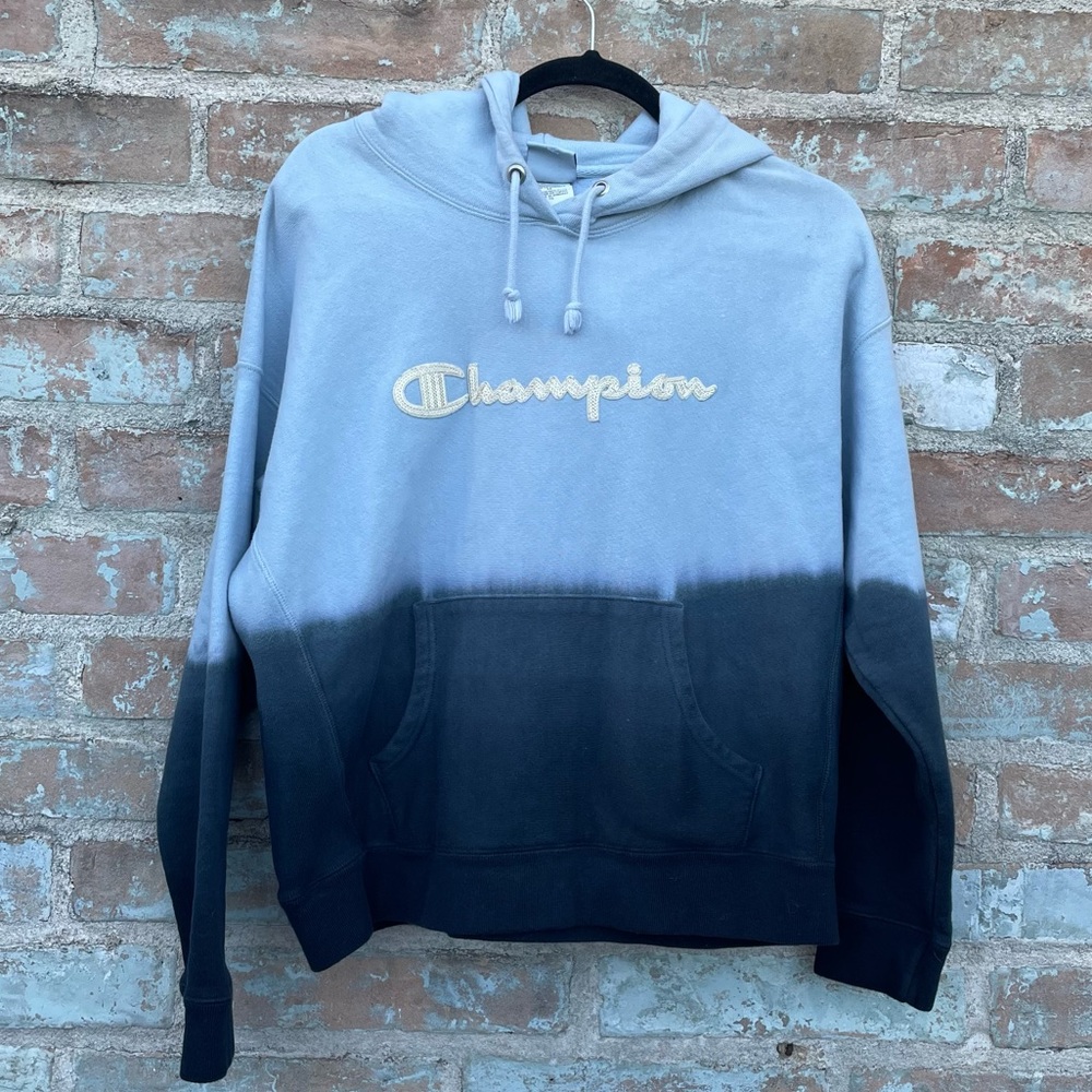 Champion Spellout Hoodie Blue Ombre Dip Dye Reverse Weave Embroidered Sweatshirt - Picture 7 of 14